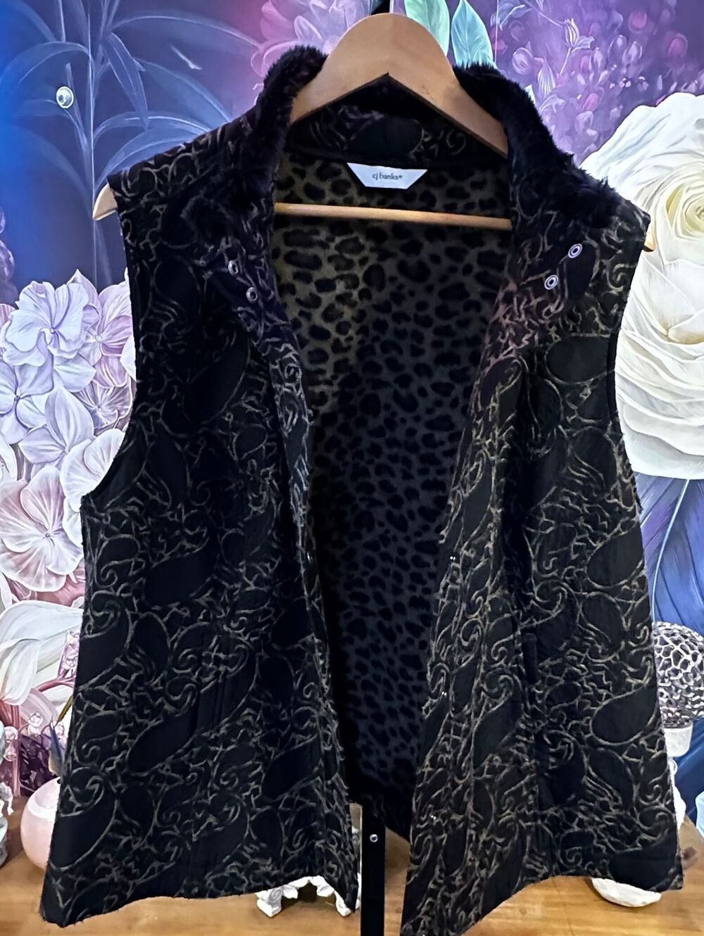 CJ Banks Vest Leopard Lining Faux Fur Collar Animal Print Glam Y2K Casual